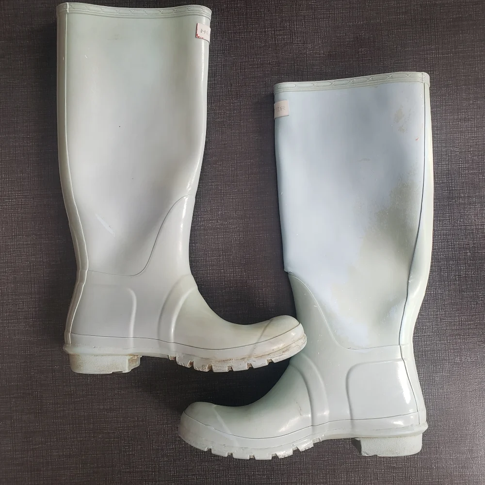 Hunter Original Gloss Tall Boots light blue well used worn with FLAWS SEE PHOTOS